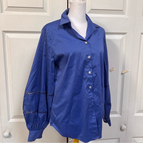 CHICO’S Cutwork Blue Blouse with Billowy Sleeves Size 0 Small NWT $99 - Picture 9 of 16